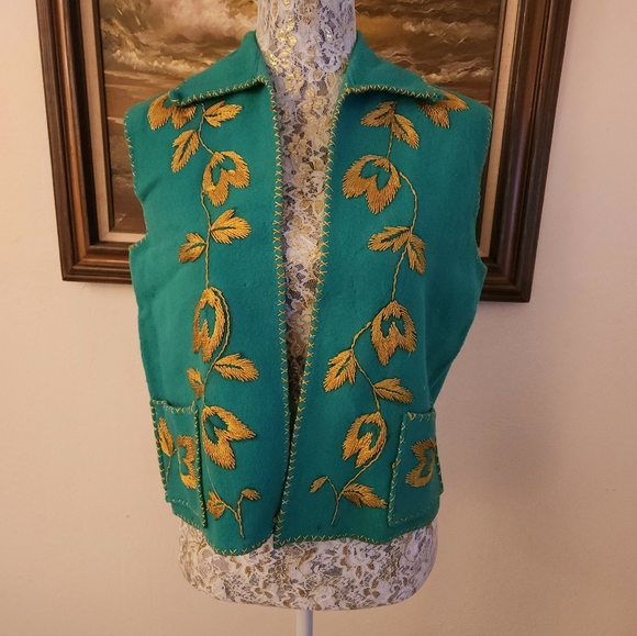 Vintage 1970s Golden Silk Thread Embroidered Wool Vest - Picture 13 of 14